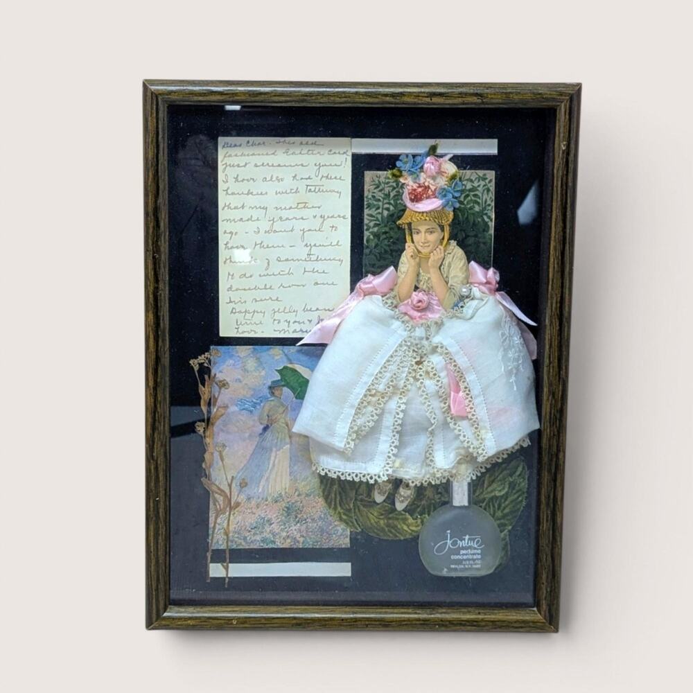 Vintage Shadow Box Collage Jontue Perfume Victorian Lady Handkerchief Art 13"
